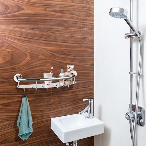 Polished Chrome Safety Grab Bar 18-inch with Storage Shelf for Bathtub or Shower, Drainage Holes, Stainless Steel, Wall Mounted Grab Bars for Elderly Injured Balance Support