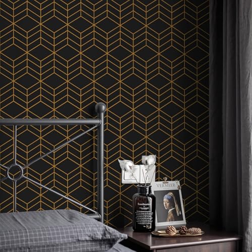 LiKiLiKi Black and Gold Peel and Stick Wallpaper - Modern Geometric, 17.3''118'' Self Adhesive, Removable Decorative Vinyl for Drawer, Shelf, Cabinets