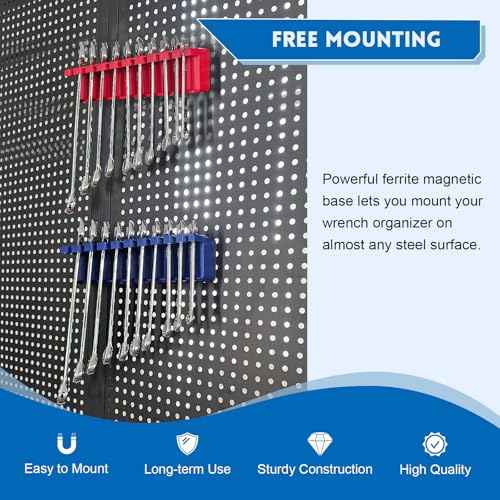 Magnetic Wrench Organizer, 2 PCS Tools Wall Mount Wrench Holder for 20 SAE and Metric Wrenches (Red & Blue(2PC), Wall Mount Wrench Organizer)