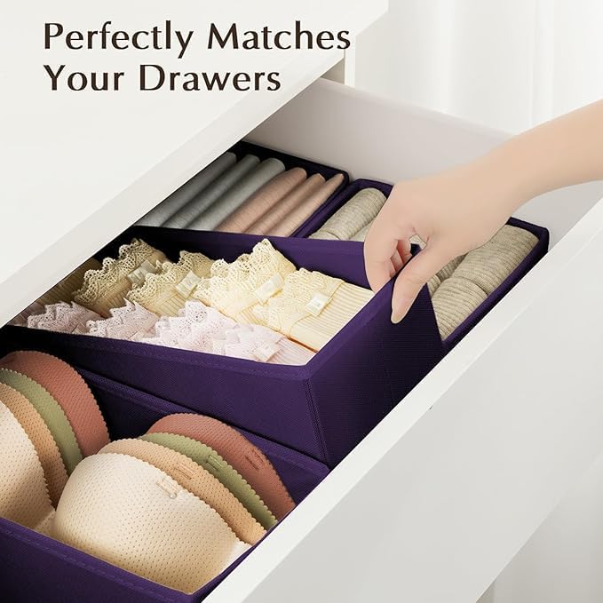 DIMJ Drawer Organizers Clothes, Set of 12 Dresser Organizer Bins, Fabric Closet Organizers and Storage, Shallow Drawer Dividers for Nursery, Clothing, Baby Clothes, Socks, Underwears, Tie (Purple)