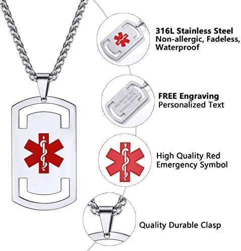 Supcare Medical Alert Necklace for Men Women, Stainless Steel Engraved Medical Emergency Pendant,Customized Medical ID Jewelry(16 Types)