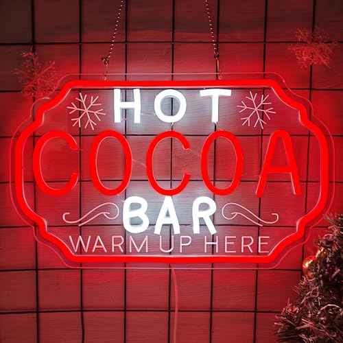 Hot Cocoa Bar Neon Sign Dimmable Christmas Coffee Led Sign Hot Chocolate Bar Warm Up Here Neon Lights Vintage Cocoa Light Up Sign for Kitchen Cafe Stations