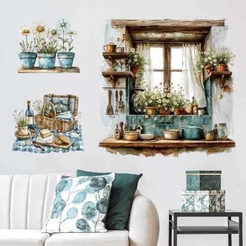 3D Fake Window Wall Stickers Green Plant Potted Wall Decals Daisy Green Leaf Wall Art Natural Scenery Wildflower Blossom Vinyl Removable Wall Mural for Kids Bedroom Kitchen Home Decoration 026