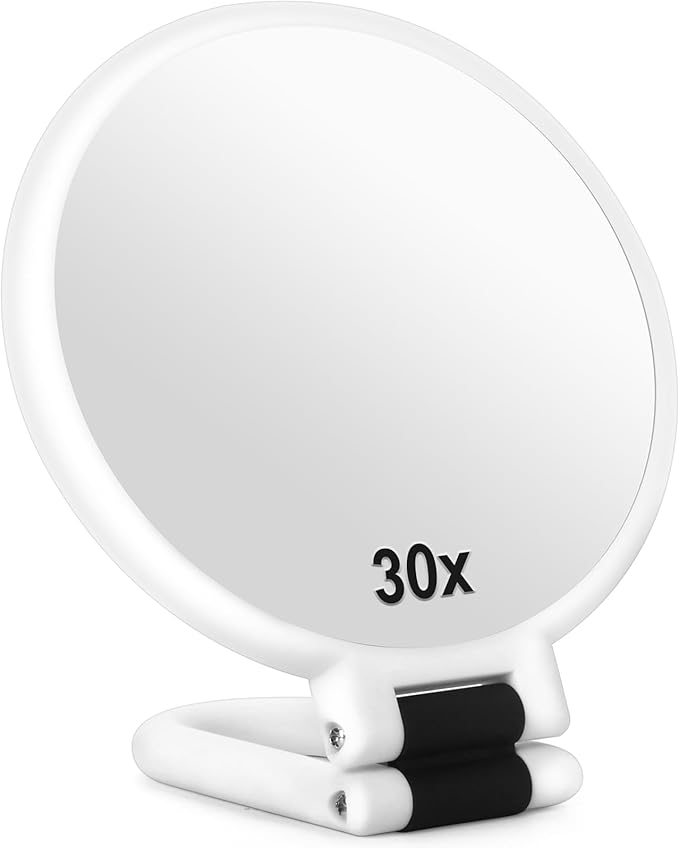 30x Magnifying Mirror, Travel Hand Mirrors with Handle - Double Side Handheld Mirror with 1X 30X Magnification & Adjustable Handle, Hand Held Foldable Travel Mirror for Makeup(Pearl White)