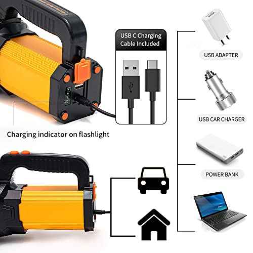 Powerful Led Flashlight High Lumens USB C Rechargeable,Super Bright Handheld Spotlight,Strong Metal Flashlight Large/Long Lasting/Lantern/Strap,High Powered Big Searchlight