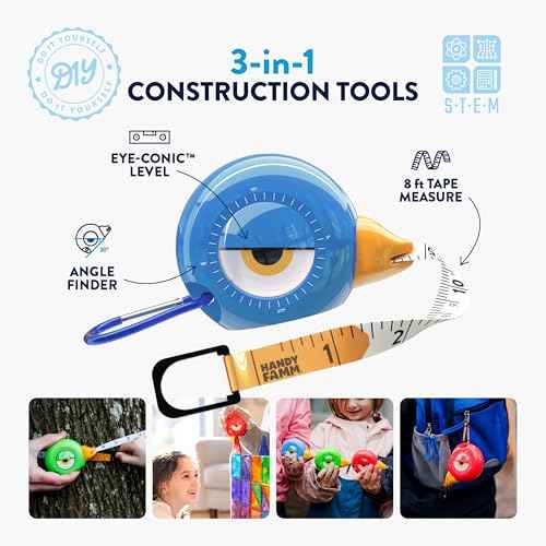 Handy Famm Blue Measuring Tape and Safety Glasses Double Bundle, 2 Lightweight Scratch Resistant Protective Eyewear for Children and 2 8Ft Animal Shaped Kids Tape Measurers