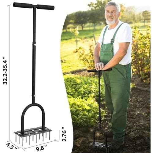 Lawn Aerator Spike Tool - Manual Grass Aerator with 15 Iron Spikes, Pre-Assembled Yard Aerator for Core Aeration, Heavy Duty T-Handle & Wide Foot Plate for Lawn Yard & Garden (Glossy Black)