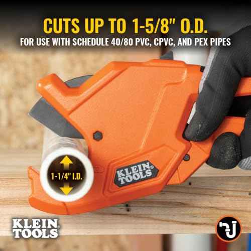 Klein Tools 50044 Ratcheting PVC Pipe Cutter Tool, 1-1/4 Inch I.D. Cutting Capacity for PVC, CPVC, and PEX Pipes, One-Handed Blade Retraction