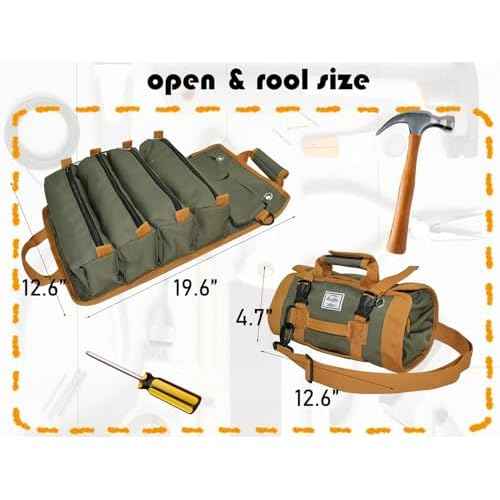 Tool Bag Roll Up, Bag Tool Organizers, Small Tool Bag W/Detachable Pouches, Heavy Duty Tool Organizer for Men Women(Green)
