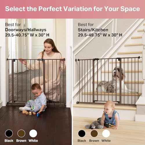 InnoTruth 29.5?40.75" Baby Gate for Stairs, 30" Tall Dog Gates for Doorways & Hallways, Safety Gate for Kids & Pets, Pressure-Mounted Walk-Through with Dual Lock & 2-Way Swing, Brown