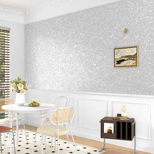 WESTICK Sparkle Silver Glitter Wallpaper Stick and Peel Silver Glitter Contact Paper for Cabinets Drawers Self Adhesive Remocable Glittery Fabric Wallpaper Borders for Walls DIY Decoration 12" x 80"