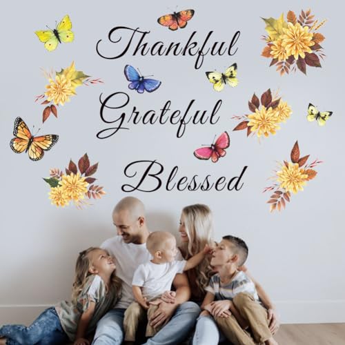 Inspirational Wall Decal Quote Grateful Thankful Blessed Wall Decor Removable Peel and Sticker Vinyl Wall Paper Wall Sticker for Kitchen Dining Room Living Room Bedroom.