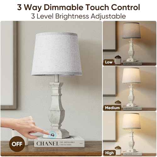 ROTTOGOON Dimmable Table Lamps Set of 2, Rustic Farmhouse Table Lamps for Living Room Bedroom, Bedside Desk Lamps for End Tables, Touch Lamps for Nightstand, 9W Bulbs Included, 22", Antique White