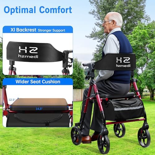Walkers for Seniors with Seat, Foldable Rolling Walker with Durable Aluminum, Dual Adjustable Height Rolling Walker, 8" Wheels for Adults, All Terrain rollator| Jujube Red