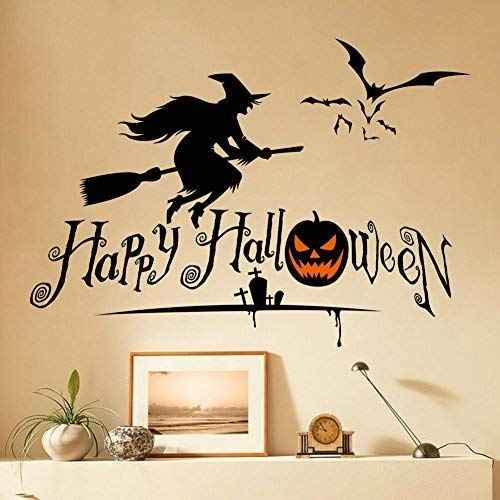 BooDecal Happy Halloween Wall Decals Stickers with Flying Witch and Bats Art Design for House Decorations Removable Halloween Series Wall Decals Stickers