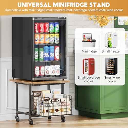 Mini Fridge Stand with Storage, Small Refrigerator Stand with Wheels, Mini Fridge Cabinet-Max Load 300 LBS Heavy Microwave Printer Stand Mini Fridge Cart for Dorm, Apartment, Kitchen, Office (Brown)
