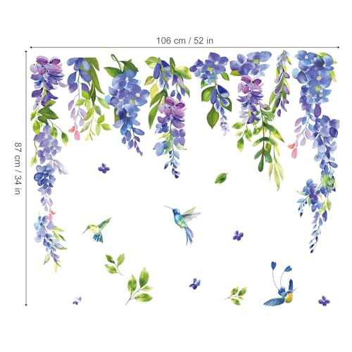Wondever Spring Blue Purple Flower Hummingbird Hanging Vine Floral Leaf Glass Sticker Decal Anti Collision Double-Side Static Window Decals