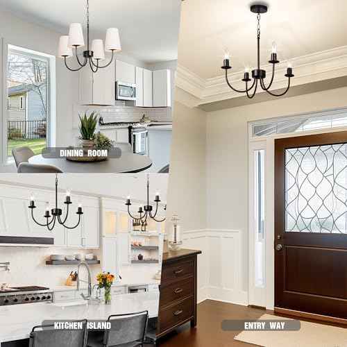 Modern Black Chandeliers for Dining Room, with White Linen Fabric Shade, Adjustable Height Rustic Small Farmhouse Lighting Fixture for Foryer, Entryway, Kitchen, Bedroom (4-Lights)