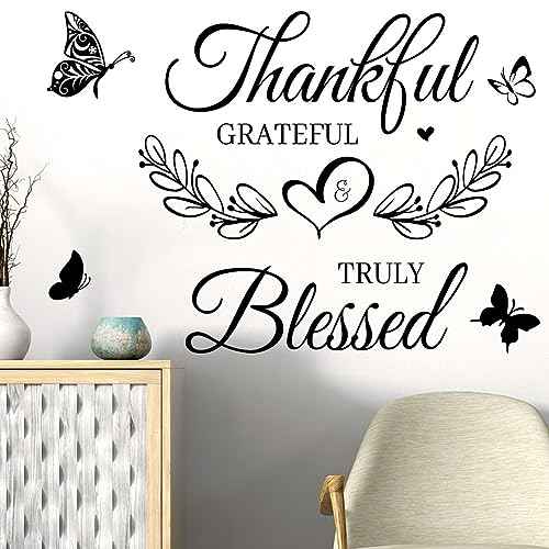 Inspirational Quote Wall Decor Thankful Grateful Blessed Wall Decal Quote Faith Vinyl Lettering Wall Stickers for Home Decor Living Room TV Background Home Decoration