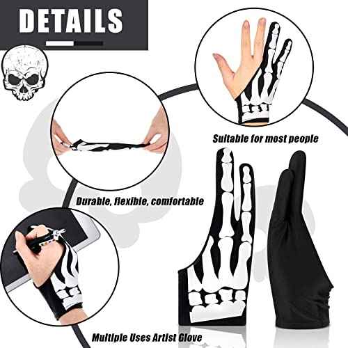 Jecery 2 Pieces Skeleton Artist Glove with 2 Finger for Drawing Tablet Digital Tablet Drawing Rejection Glove for Pad Painting Writing, Right Hand, 2.76 x 7.28 Inches