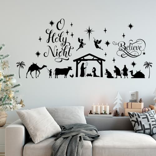 Chinco Large Christmas Nativity Scene Wall Decor Stickers Nativity Vinyl Wall Decal Christmas Decorations Religious Wall Murals Modern for Xmas Room Decor, Black (O Holy Night)