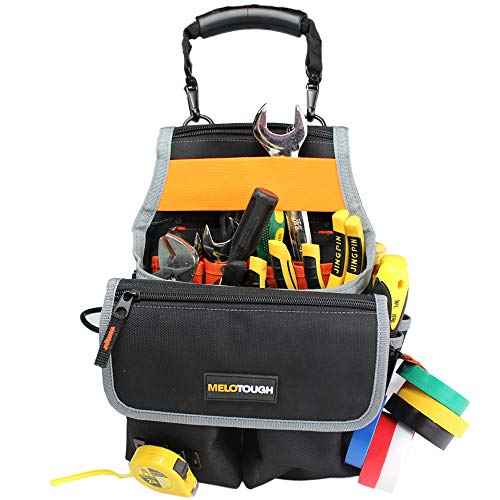 MELOTOUGH Electrician Tool Pouch Bag with Shoulder Strap Tool Belt Pouch with Rain Cover and Electrical Tape Strap,Hammer Holder Electricians Tool Bag (20 Pockets)