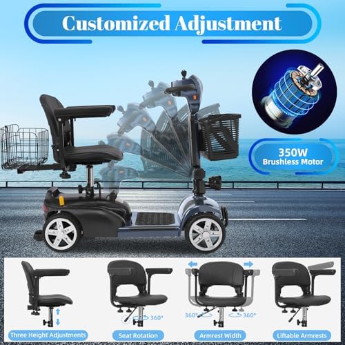 30-60 Miles Ecomobi MS02 Long Range 4 Wheels Electric Mobility Scooter for Adults/Seniors, 350W E-Wheelchair Device w/25Ah Extended Battery, Dual Baskets Compact Mobile for Travel