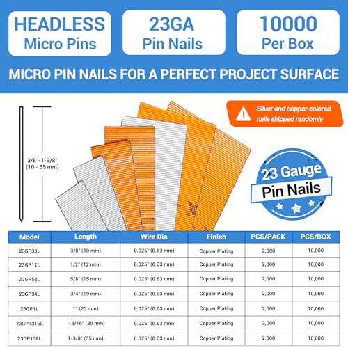 meite 23 Gauge Pin Nails, 3/8-Inch Micro Headless Piner Nails - Galvanized 23GA Pins Nails for Nail Gun, Ideal for Fine Woodworking and Trim Work (10,000 Counts)
