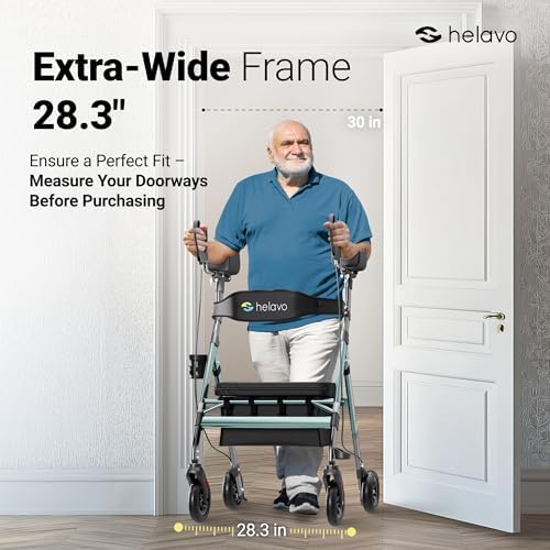 Helavo Extra Wide 28.3" Bariatric Upright Walker for Seniors, 500 lbs Capacity with 8“ Flat-Free Solid Rubber Tires, Height Adjustable Stand Up Walker with Seat, All Terrain Heavy Duty Rollator