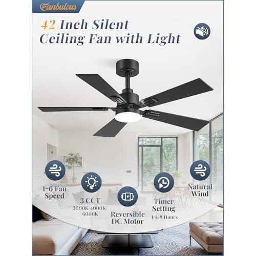 Fanbulous 42 Ceiling Fans with Lights and Remote, Modern Low Profile Ceiling Fans with Dimmable 3CCT Quiet DC Motor, Reversible Celing Fan with 6-Speeds Timer for Bedroom(Black)