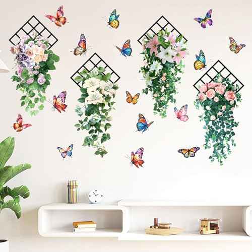 Rose Butterfly Wall Stickers, 4 Pcs 35.4 in x 11.8 in Self-Adhesive Flower Wall Stickers for Home Wall Decoration (4)