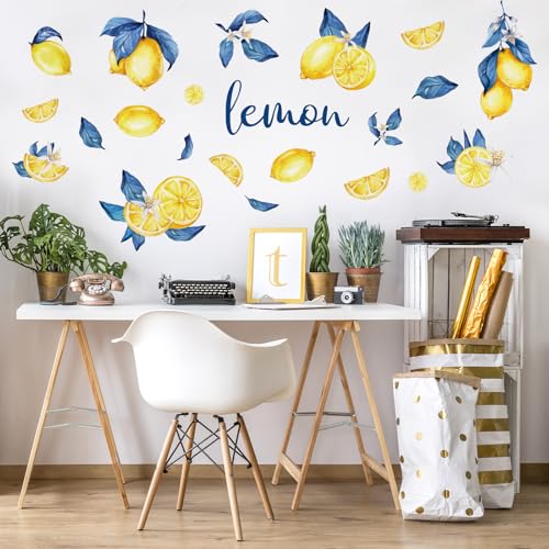 Whaline 12 Sheets Capri Lemon Wall Stickers Blue Yellow Fruit Wall Decals Watercolor Room Mural Stickers for Summer Party Home Nursery, 7.9 x 11.8 Inch
