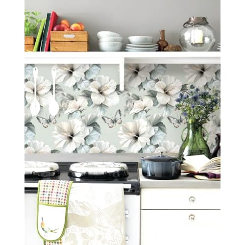 Floral Peel and Stick Wallpaper White Flower Contact Paper 16.9inch x 196.8inch Oil Painting Modern Wall Paper Butterfly Removable Large Floral Decorative Wallpaper Flower Waterproof Vinyl