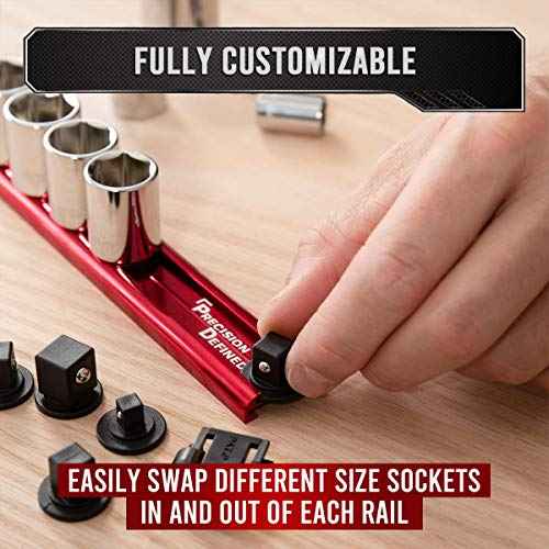 Precision Defined Aluminum Tool Socket Holder 3-Piece Set | Red, 1/4-Inch x 16 Clips, 3/8-Inch x 16 Clips, 1/2-Inch x 14 Clips | 360 Rotation - Heavy Duty Socket Rails Organizer, Socket Storage