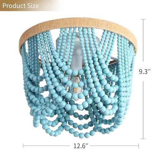 Bohemian Beaded Chandelier - 3 Shallow Wood Beads Ceiling Light for Nursery and Bedroom (Blue)