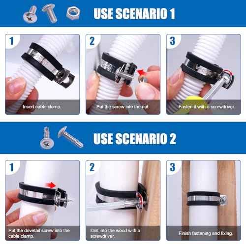 Twidec/50PCS 1/4 Inch Cable Clamp 304 Stainless Steel Rubber Coated Cushion Pipe Clamps,Metal Clamp,With Metal Rubber Clips For Automotive Wire Tube Pipe Clamps N-056-1/4