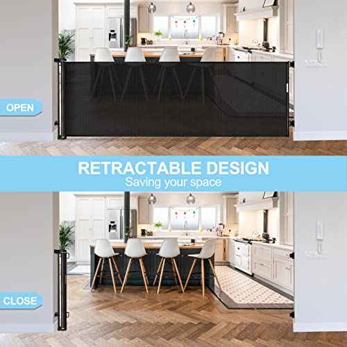 80 Inch Extra Long Retractable Baby Gates Extra Wide Baby Gates for Large Openings Indoor Retractable Dog Gate for The House Extra Wide Dog Gate Outdoor Mesh Pet Gates Child Gate for Kids (Black)