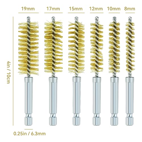 6 Pcs Brass Bore Brush Set with 1/4" Hex Shank Twisted Wire Bristles, Different Sizes (8, 10, 12, 15, 17, 19mm) for Bearing, Rust, Tube Cleaning