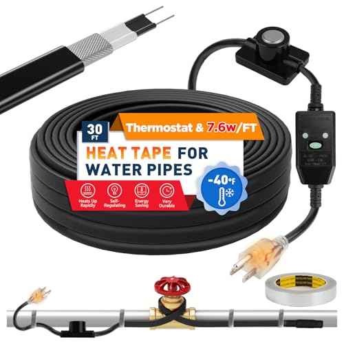 3~100FT Heat Tape for Water Pipes, UL & ETL Certified 30 FT Self-Regulating Pipe Heating Cable with Thermostat for Pipe Freeze Protection, Waterproof Heat Tape for Metal and Plastic Pipes,Black
