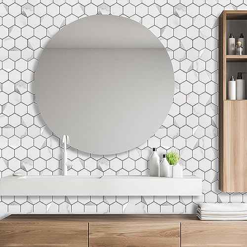 Hexagon Peel and Stick Backsplash Tile,12x12 inches Marble White Mixed Silver Metal 3D PVC Wall Tiles Stick on Backsplash for Kitchen and Bathroom Sample