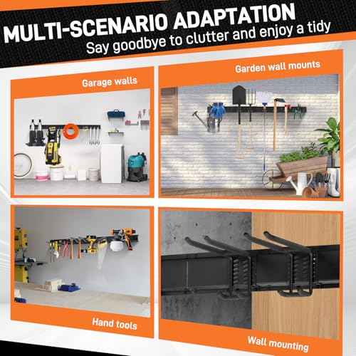 49.5" Garage Tool Organizer Wall Mount - 500lbs Heavy Duty Metal Rack with Adjustable Hooks, Anti-Rust Shed Storage for Shovels/Rakes/Brooms/Mowers, Efficient Garage & Garden Organization