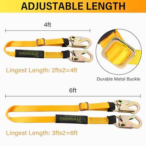 TRSMIMA Tree Climbing Safety Lanyard - 4ft to 6ft Adust Fall protection Webbing Belt Hunting Roof Strap Double Rebar Hook