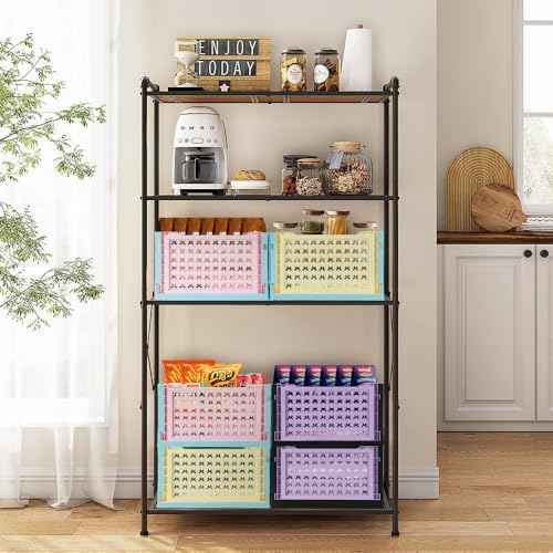 Stackable Plastic Closet Storage Basket, 2 Pack Foldable Closet Organizers and Storage Bins, Decorative Basket for Closet, Shelves, Laundry, Wardrobe Organizing (Purple Black)