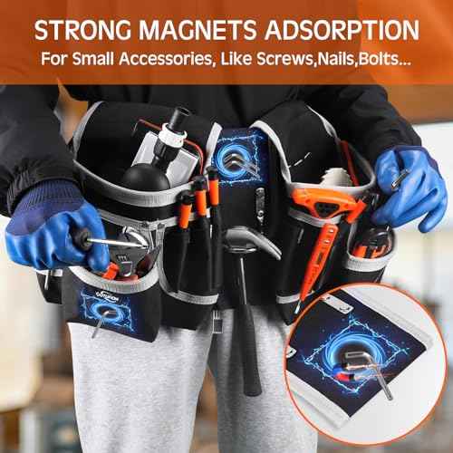 Tool Belt, Magnetic Tool Pouch with 26 Pocket Tool Belts for Men Heavy Duty Tool Pouch Bag, Detachable Tool Bags for Carpenter, Electrician, Woodworker, Construction