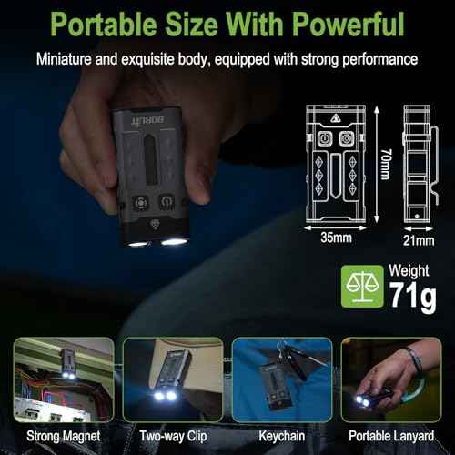 BORUIT EV20L LED Rechargeable Small EDC Flashlight with Green Beam,Pocket Keychain Flashlights with RGB Side Light,IP66 Waterproof,Clip & Tail Magnet for Outdoors Emergency Camping,Aluminum Black