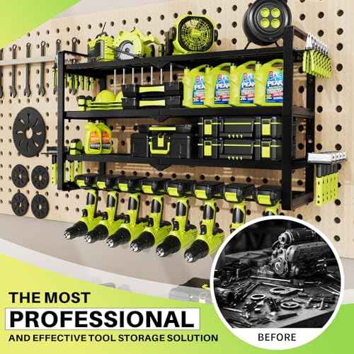 Large Power Tool Organizer Wall Mount, Garage Storage Cordless Tool Organizer with Screwdriver Holder, Heavy Duty Metal Storage Rack with 8 Drill Holder 4 Layer darkblack (darkblack)