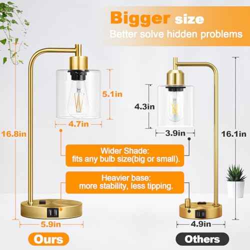 Industrial Touch Table Lamps Set of 2-2 USB Ports & AC Outlet Nightstand Lamps, 3-Way Dimmable Bedside Desk Lamp for Living Room Bedroom, Glass Shade & 2 LED Bulbs Included - Brass