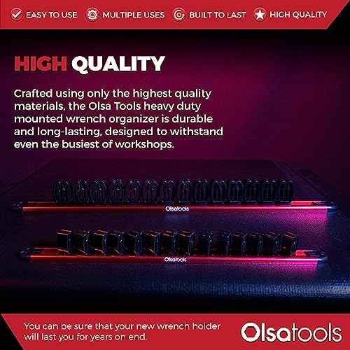 Olsa Tools Wall-Mounted Wrench Rack - Red Anodized Aluminum Rail with Black Clips - Stores 14 SAE or Metric Wrenches Securely - Professional Organizer - Part: 1028
