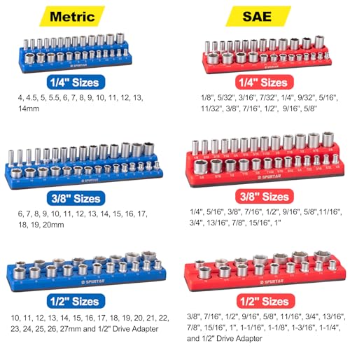 Spurtar Magnetic Socket Organizer 6Pcs, Metric and SAE Magnetic Socket Holder Includes 1/4", 3/8", 1/2" Drive Metric SAE Socket Organizer for Tool Box Drawer, Holds 143 Standard and Deep Size