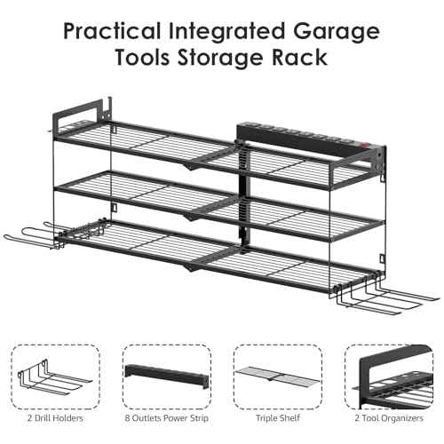 CCCEI Large Garage Tools Storage with Charging Station. Power Tool Battery Organizer Utility Shelf with Power Strip. 4 Drills Holder Wall Mount Rack, Black 3 Layer.